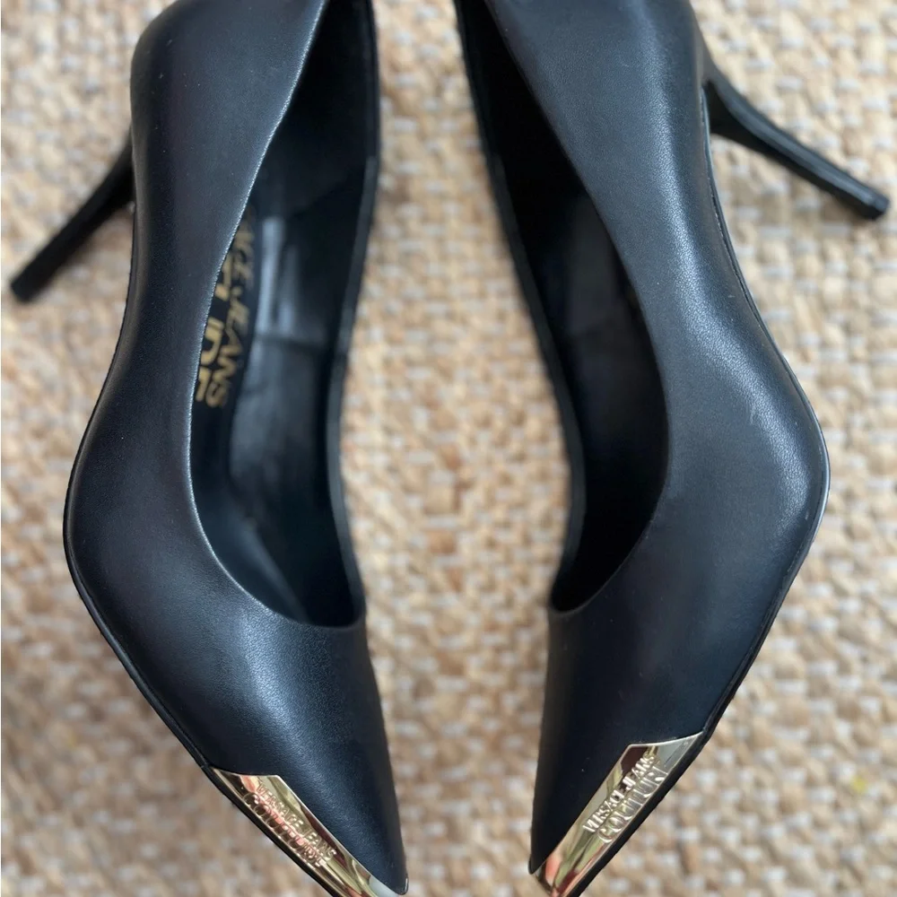Versace Black Leather Pointed Pumps with Gold Toe Caps - Picture 3 of 11